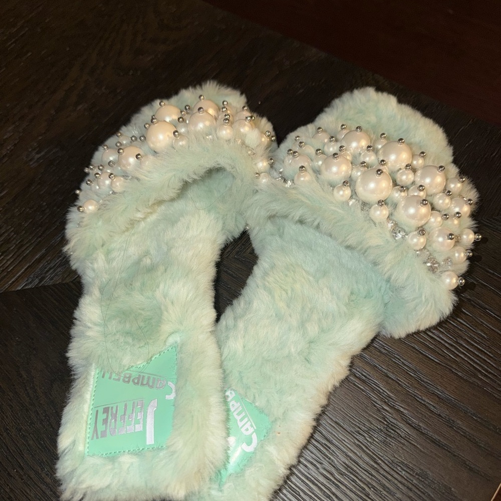 Jeffrey Campbell Mint Faux Fur Pearl-Embellished Slide Mules